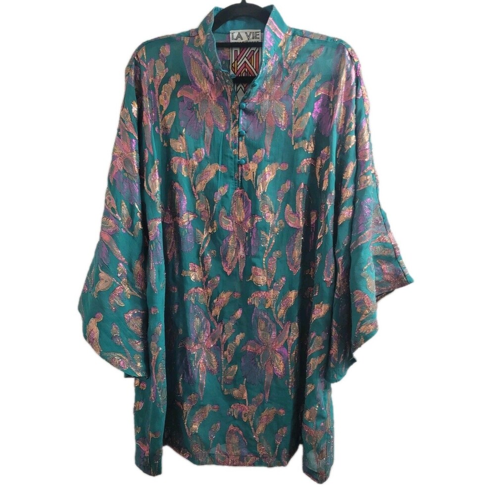NWOT LA VIE Style House Teal Metallic Floral Jacquard Mini Caftan Tunic One Size